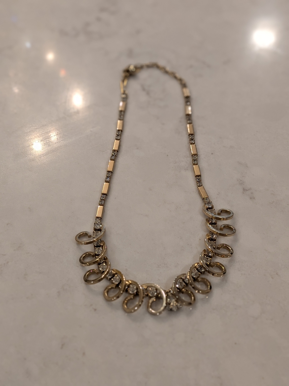 Vintage 1960s. Gold-Tone Swirl Crystal Necklace - Women Jewelry